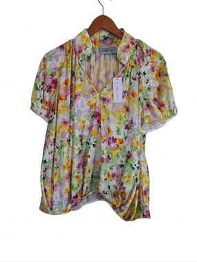 Tish Cox Cabana Watercolor Floral V-Neck Designer Multicolor Top Blouse S